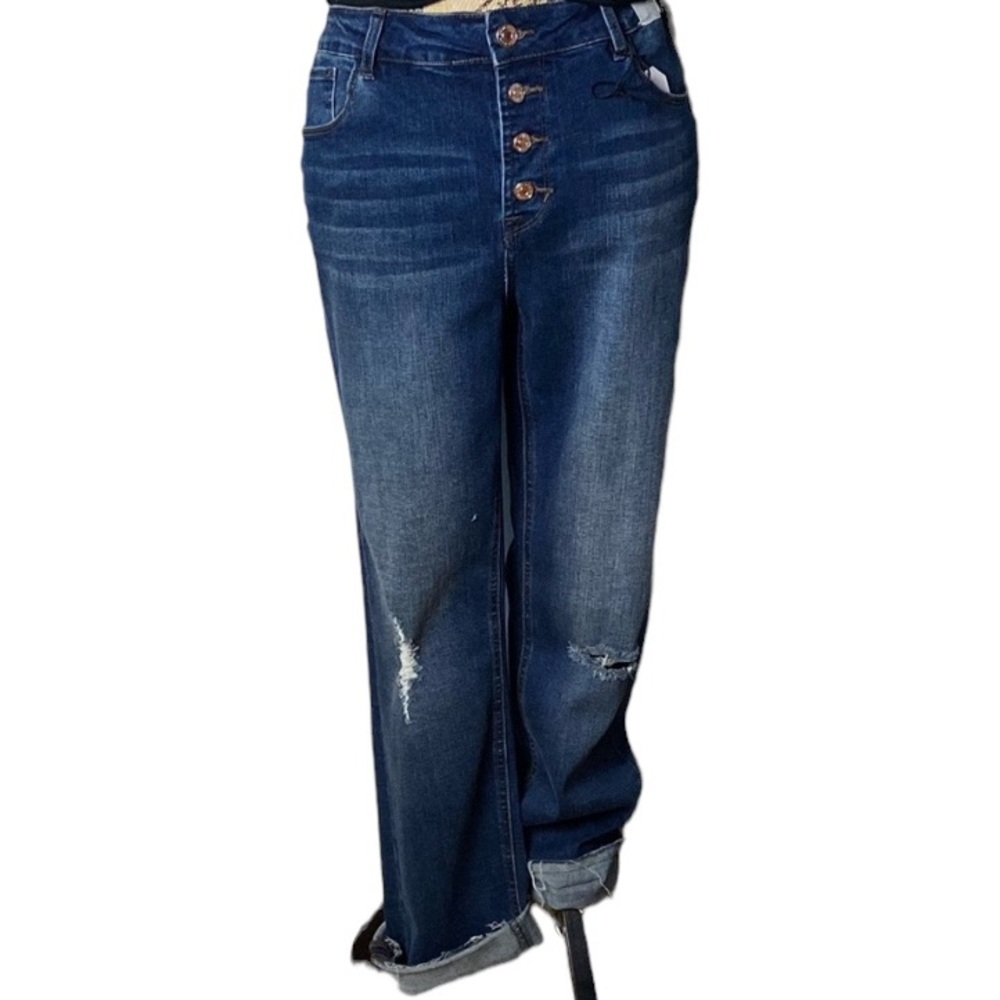 Kenzie blue high rise vintage slim ankle crop distress button fly cuffed jeans